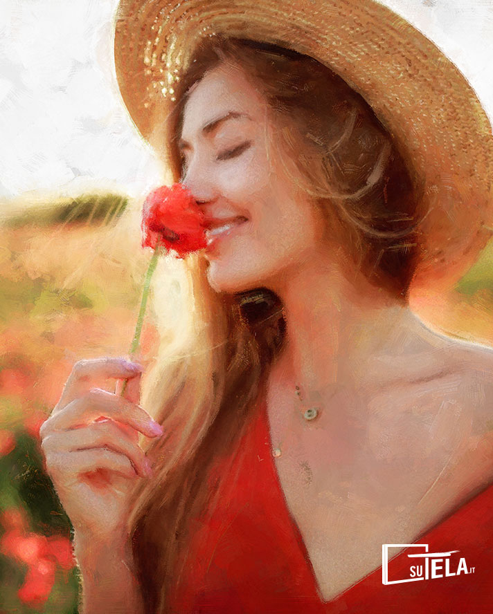 ritratto con pittura ad olio digitale di una donna vestita di rosso con un tulipano