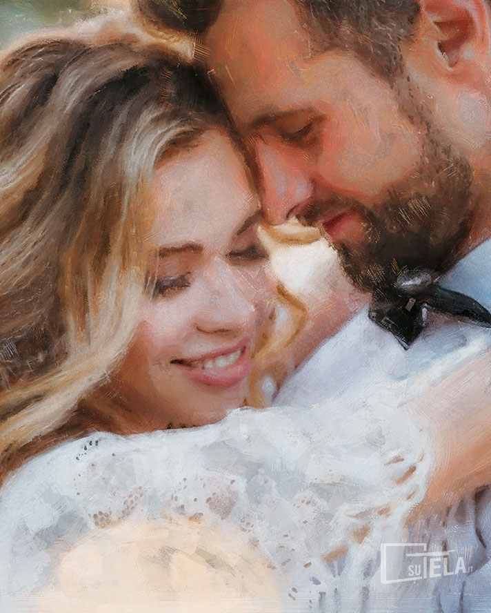 ritratto con pittura ad olio digitale con coppia di sposi abbracciata
