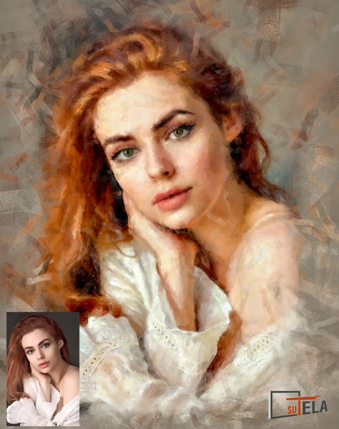 ritratto personalizzato da foto ad olio di donna con capelli rossi