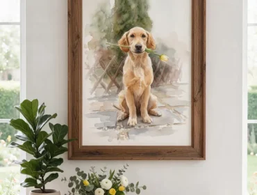 Ritratto personalizzato di un cane realizzato in stile acquerello, raffigurato con un fiore in bocca.