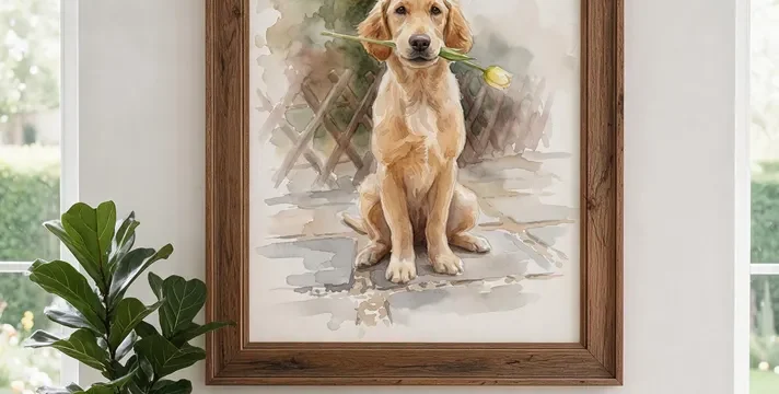 Ritratto personalizzato di un cane realizzato in stile acquerello, raffigurato con un fiore in bocca.