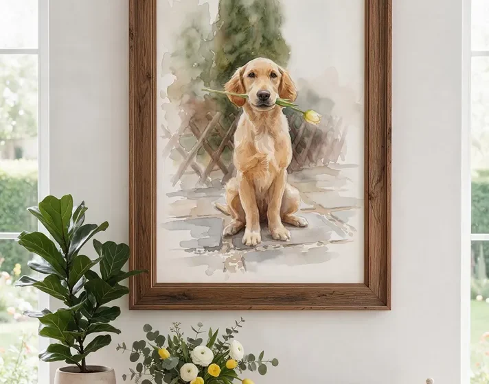 Ritratto personalizzato di un cane realizzato in stile acquerello, raffigurato con un fiore in bocca.