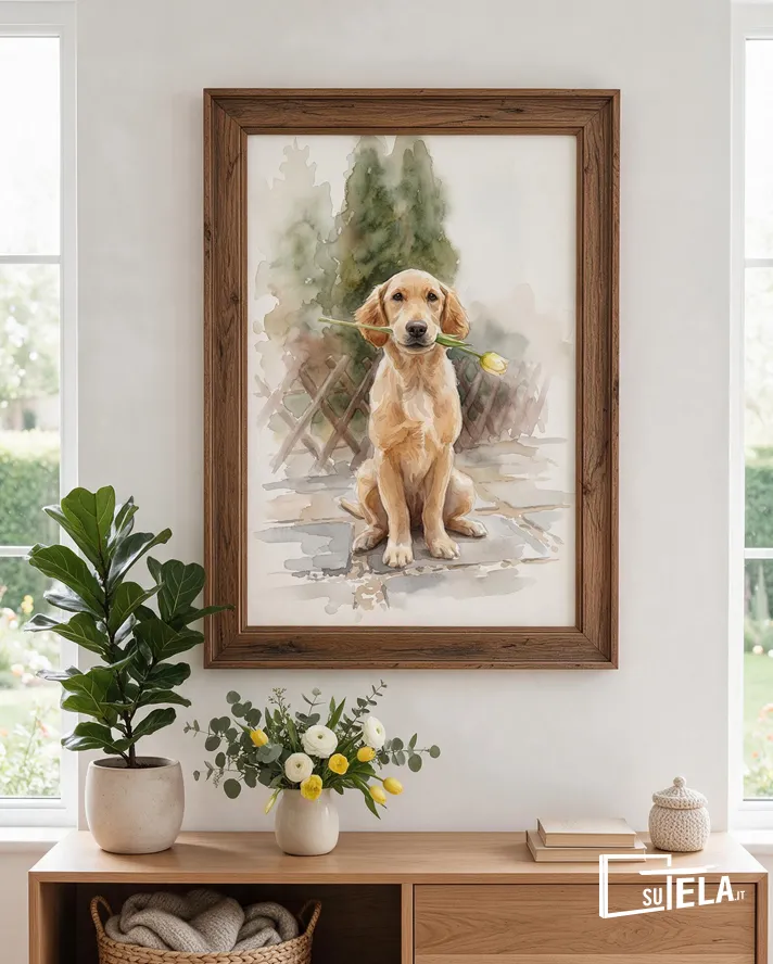 Ritratto personalizzato di un cane realizzato in stile acquerello, raffigurato con un fiore in bocca.