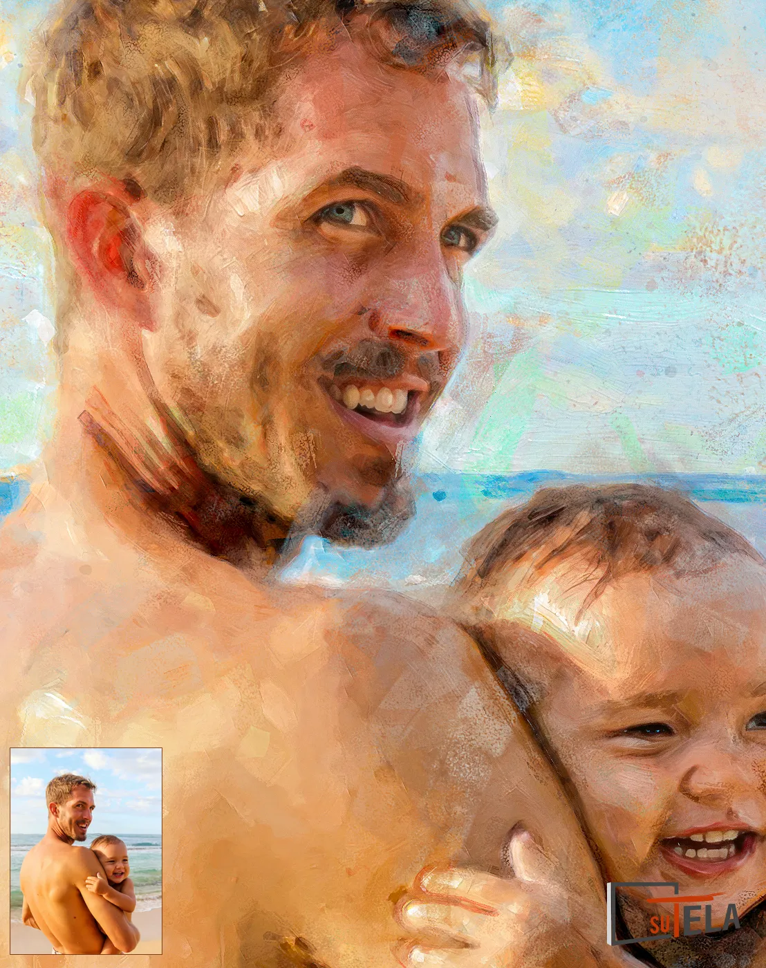 Particolare ingrandito Ritratto di padre e figlio sulla riva del mare.