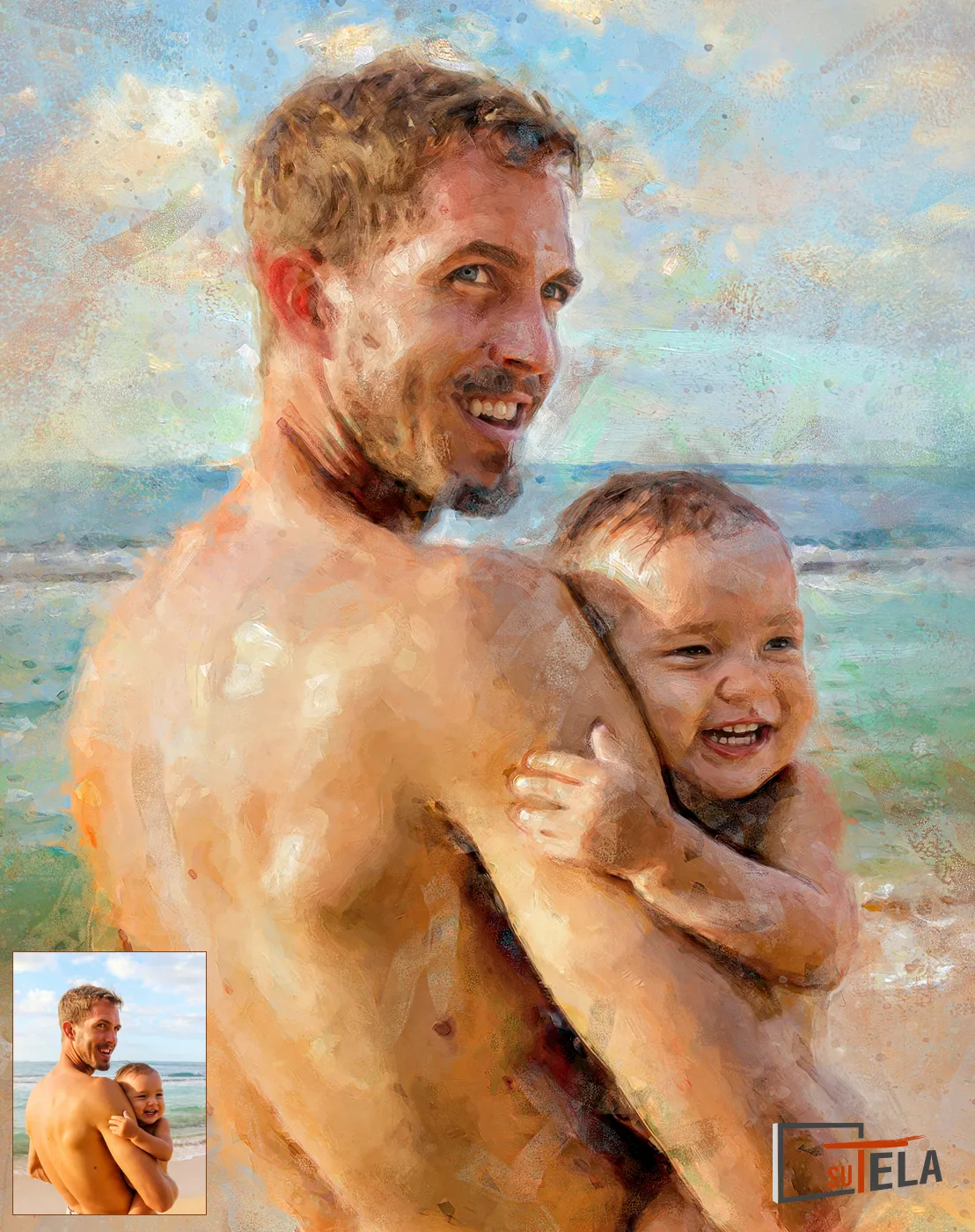 Ritratto dipinto a olio di padre e figlio sulla riva del mare, un regalo personalizzato ed emozionante per la Festa del Papà.