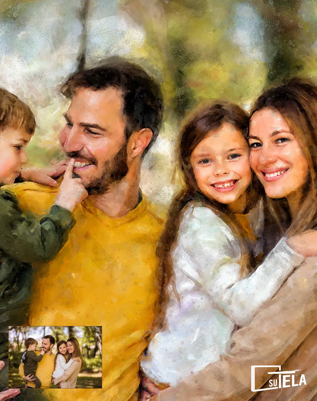 particolare ingrandito di un ritratto di famiglia personalizzato a partire da una vostra foto, olio su tela