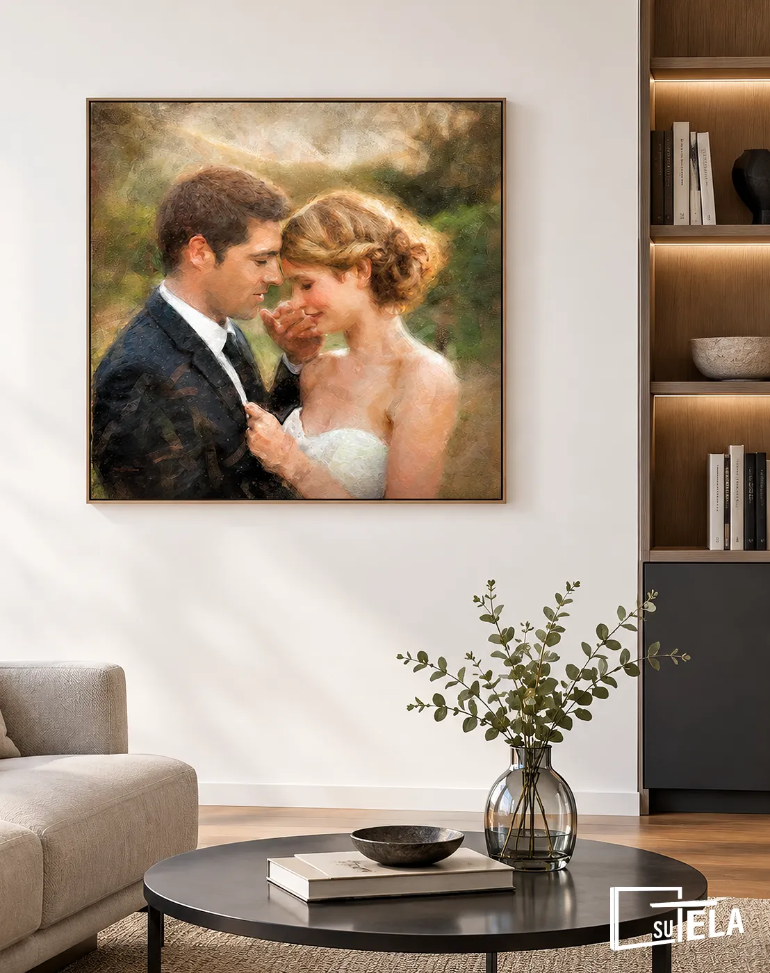 quadro olio su tela in salotto, ritratto di sposi su commissione