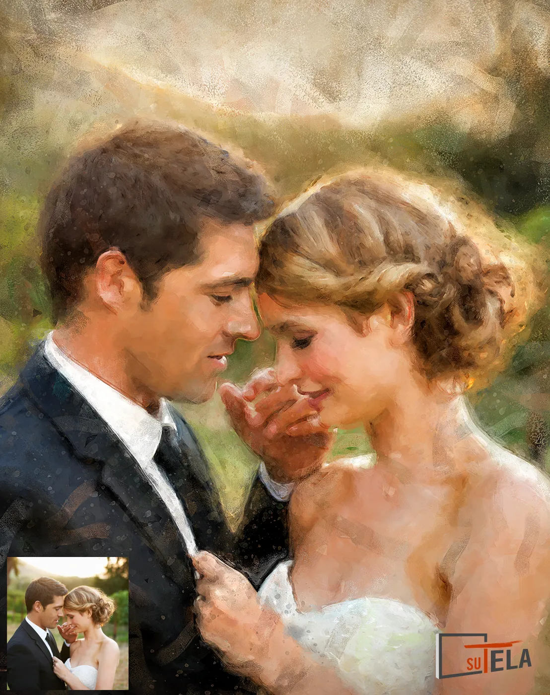 ritratto personalizzato digitale, coppia di sposi matrimonio, olio su tela