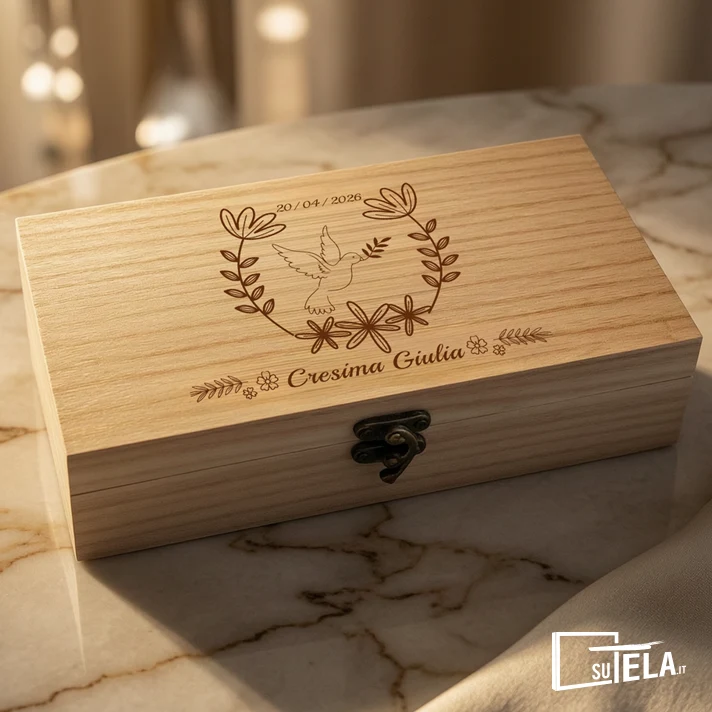 Scatola in legno personalizzata con incisione laser, design minimal ed elegante, perfetta per valorizzare regali e occasioni speciali.