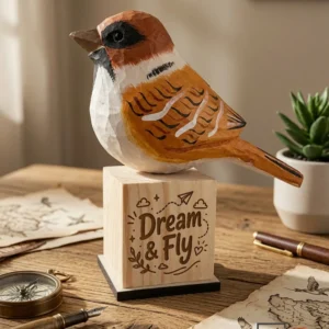 uccellino intagliato in lengo colorato a mano, con base in legno con dedica o frase personalizzata