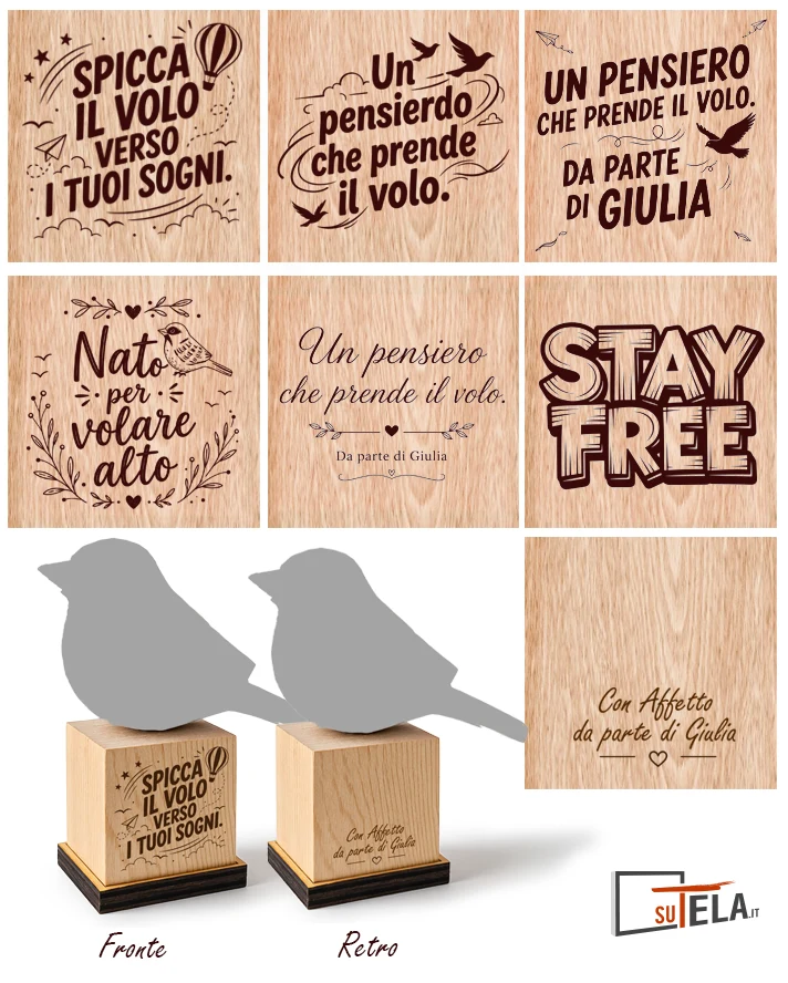 uccellino intagliato in lengo colorato a mano, con base in legno con dedica o frase personalizzata