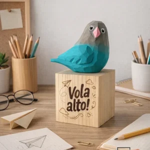 uccellino intagliato in lengo colorato a mano, con base in legno con dedica o frase personalizzata