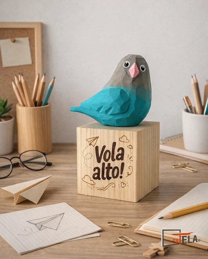 uccellino intagliato in lengo colorato a mano, con base in legno con dedica o frase personalizzata